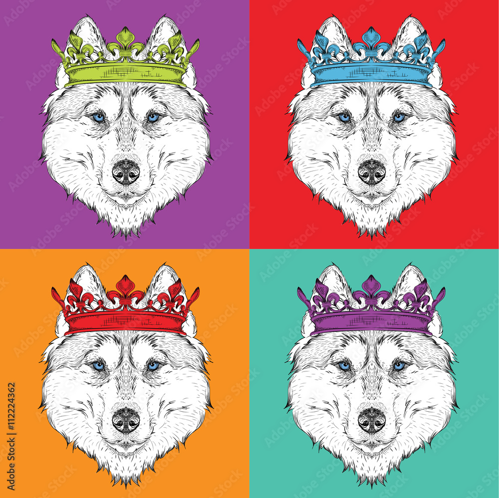 Naklejka premium Image Portrait of husky with the crown. Pop art style vector illustration.