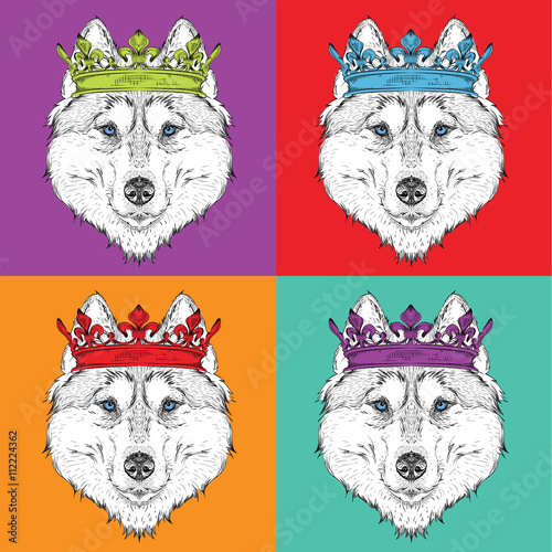 Image Portrait of husky with the crown. Pop art style vector illustration.