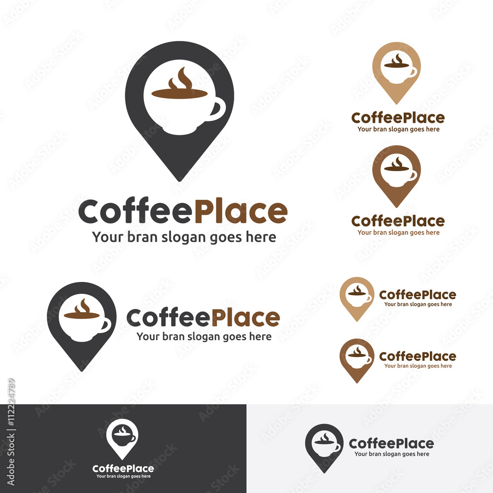 Coffee Shop Logo, Coffee Place with Pin Symbol Coffee Shop Logo, Coffee Place with Pin Symbol