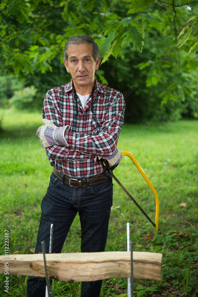 Fototapeta premium Senior man sawing a log handsaw closeup
