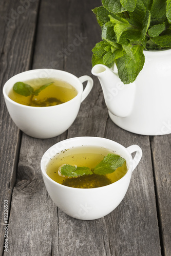 Green tea with mint on a dark wooden background