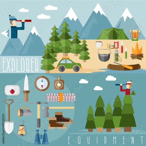 flat design banners of explorer with spyglasses and elements of