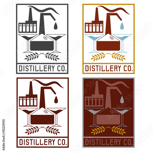 distillery company with copper whiskey still and martini glasses