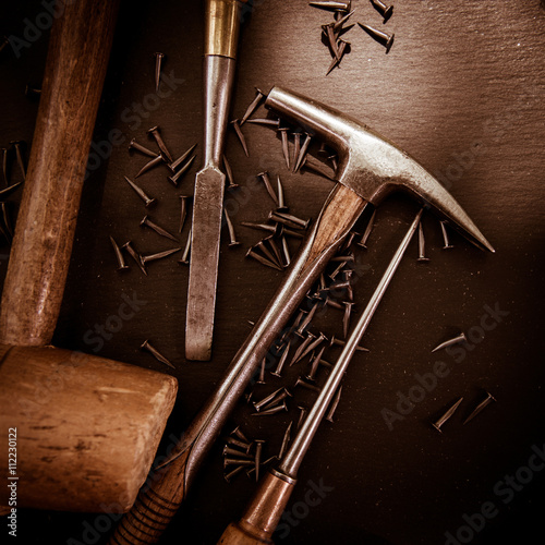 Canvas Print Traditional tools of upholsterer on a table