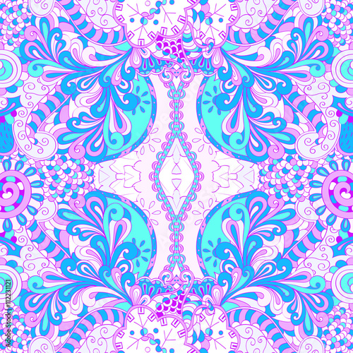 Tracery colorful pattern. Mehendi symmetry carpet design. Ethnic colorful doodle texture. Indifferent discreet. Curved doodling mehndi motif. Vector.