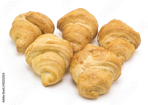 Five delicious filled croissants on white background
