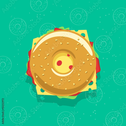 Bagel sandwich vector illustration isolated on bagel background, concept of breakfast fresh fast food, flat cartoon sandwich