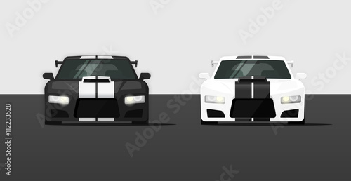 Sport cars isolated vector illustration, black and white super cars front view, expensive tuned cars