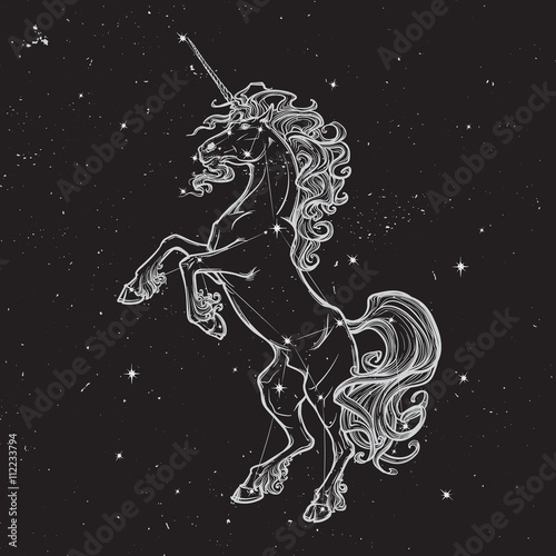 Rearing unicorn on white background