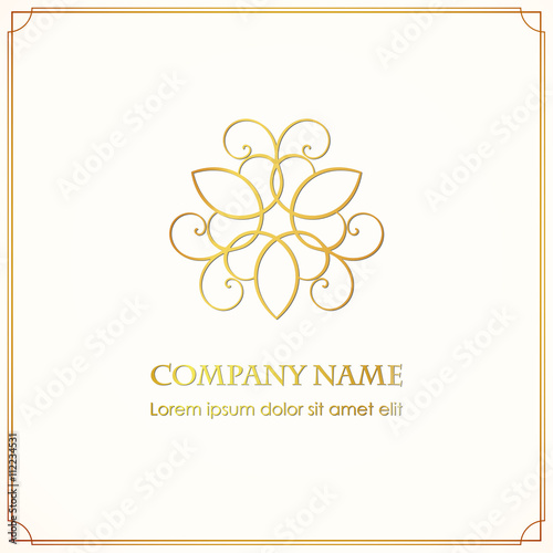 Simple and graceful floral logotype design template with shine on a dark background. Vector golden elegant lineart logo design  vector illustration.