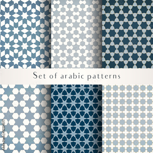 Set of seamless symmetrical abstract vector background in arabian style made of geometric shapes. Islamic traditional patterns. Blue, grey and white colors.