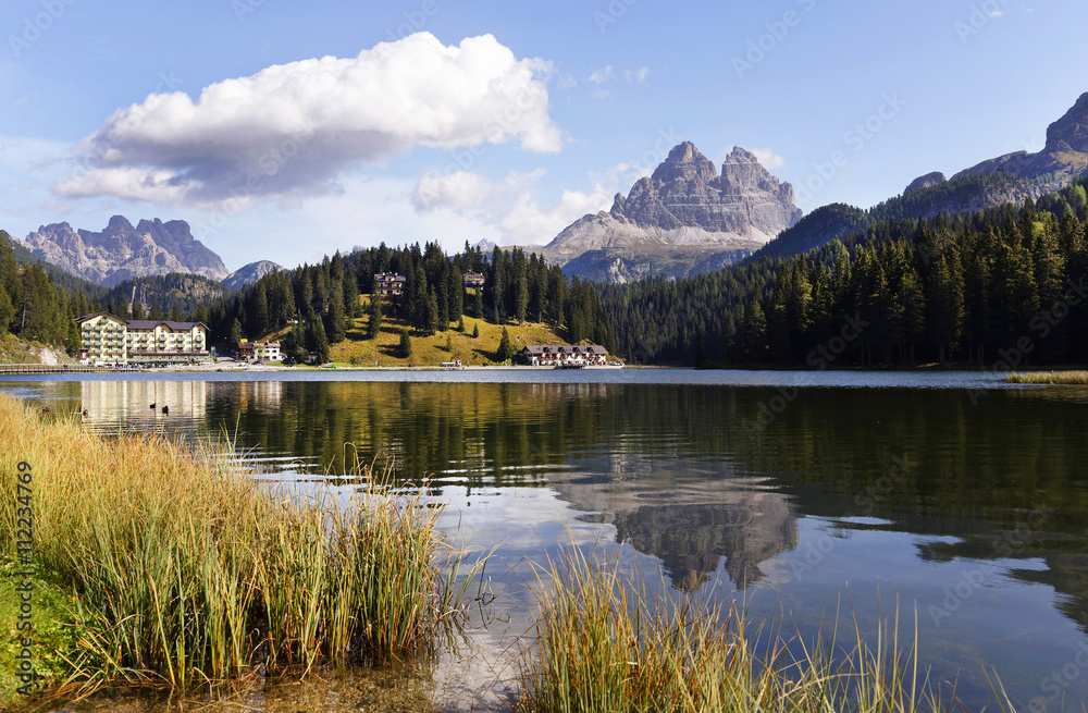 The Tre Cime di Lavaredo (Three Peaks)  seen from Misurina lake, the Dolomites Mountains, Italy, Europe, sept. 2015