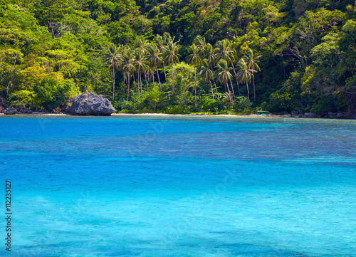Blue bay and palm trees. El Nido, Palawan island, Philippines
