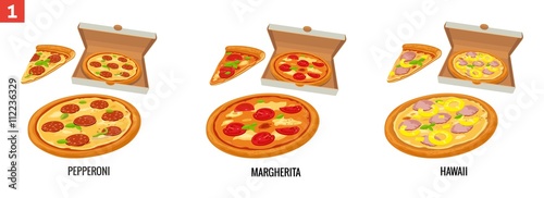 Whole pizza and slices of pizza in open white box. Pepperoni, Hawaiian, Margherita. Vector isolated flat illustration for poster, menus, brochure, web and icon