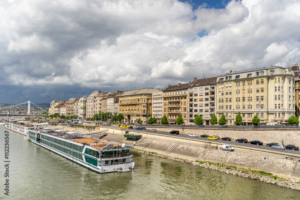 River cruise ships moored on the Danube River in Budapest Hungary