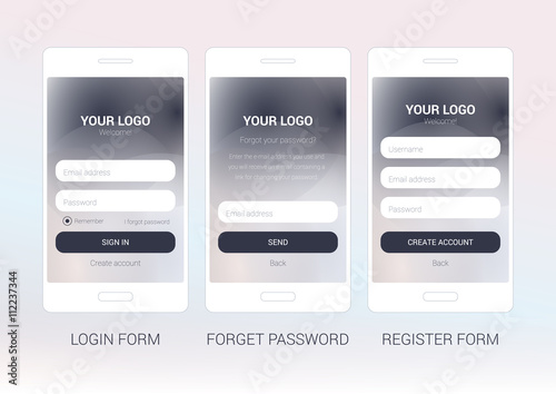UI elements for mobail site. Login, Forgot password and Registration form, strict clean style, flat design. Website element for your web design.