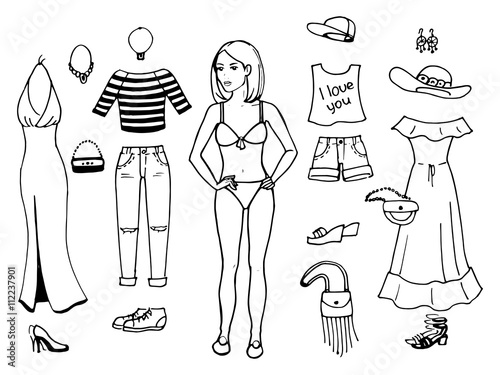 Vector illustration of a girl trying on clothes set