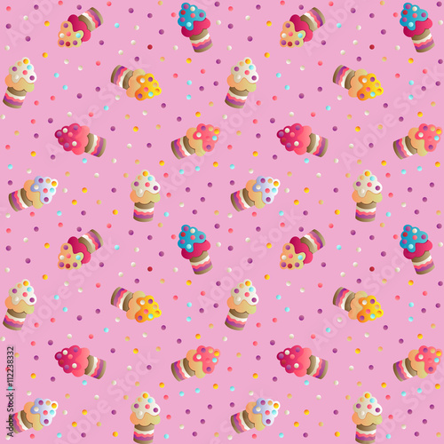 Seamless pattern with a cute appetizing cakes and candies on a beige  background
