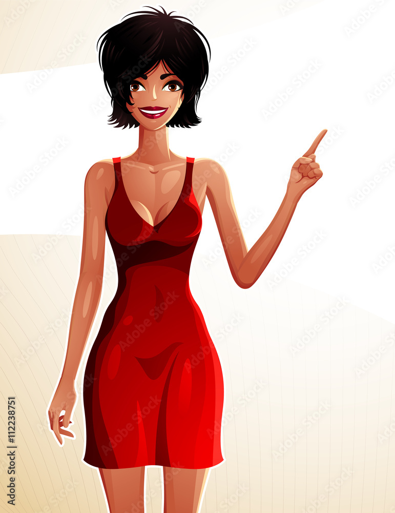 Young pretty lady pointing at something to side with her finger. Young pretty lady pointing at something to side with her finger.