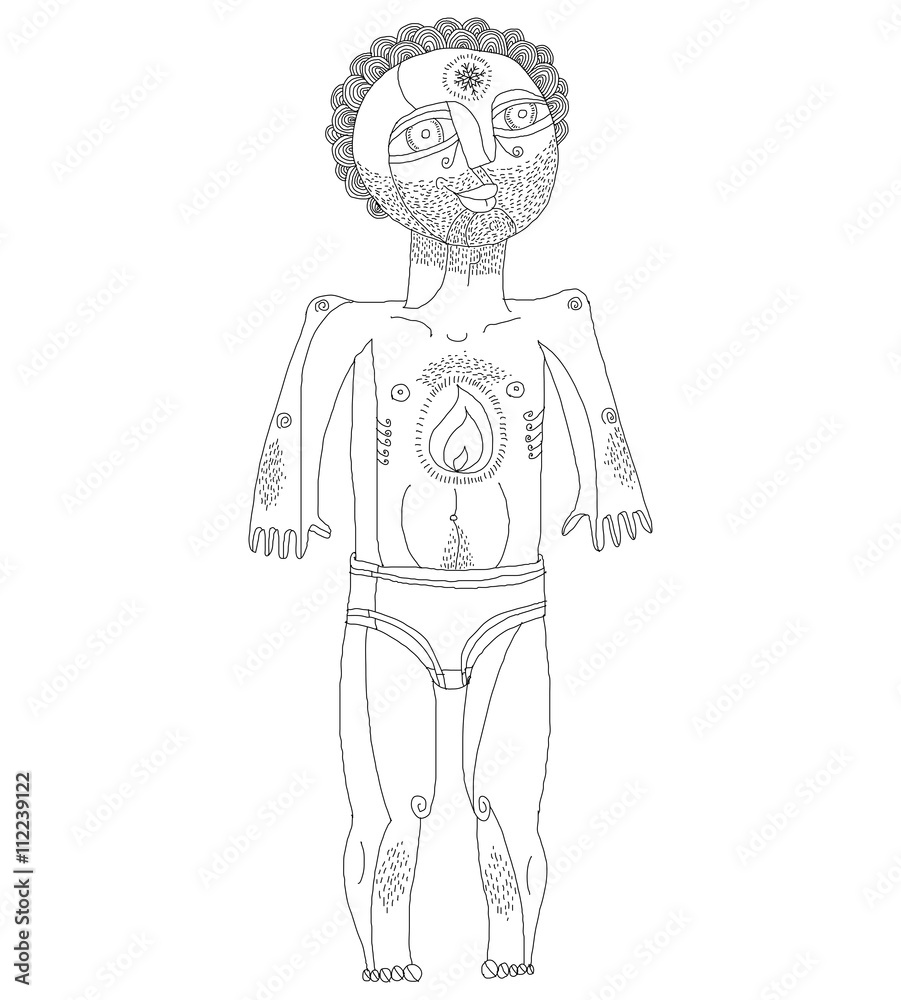Vector monochrome illustration of nude man, Adam concept. Hand d