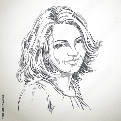Hand-drawn portrait of white-skin smiling woman, face emotions t