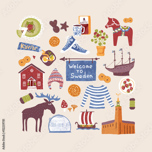 Vector set with hand drawn art design elements of symbols of Sweden. Traditional swedish food, clothes, landmarks. Clipart for greeting cards and fabric about Sweden.