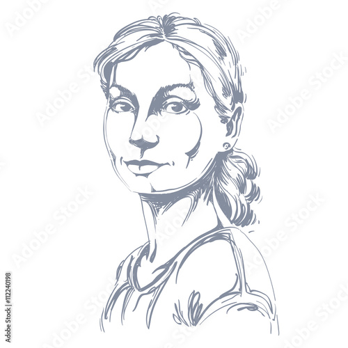 Vector portrait of attractive dreamy woman, illustration of peac