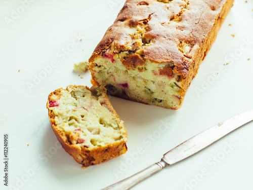 cake with rhubarb on backlight
