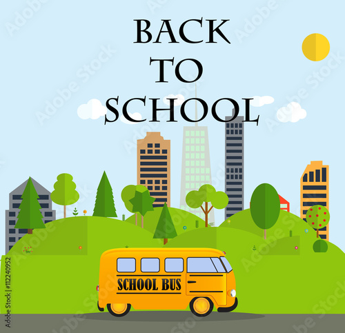 Back to School Background with Yellow Bus Vector Illustration