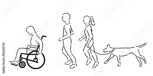 Woman in wheelchair with a man, woman and pet dog jogging outside, black outline