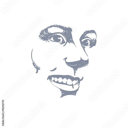 Hand-drawn vector illustration of beautiful smiling woman. Monoc