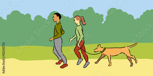 Man and woman with pet dog jogging outside, green tops