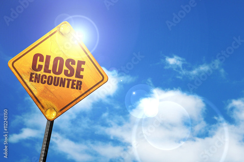 Konstfotografi close encounter, 3D rendering, glowing yellow traffic sign
