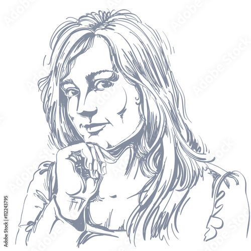 Vector art drawing, portrait of gorgeous flirting girl isolated