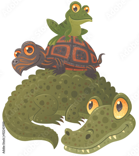 Swamp Squad. Cartoon vector illustration of an alligator, a turtle and a frog hanging out together, stacked in a pyramid.