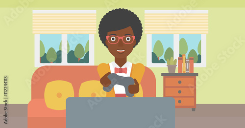 Woman playing video game.