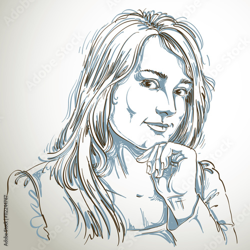 Vector art drawing, portrait of gorgeous flirting girl isolated