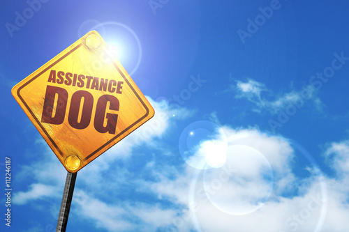 assistance dog, 3D rendering, glowing yellow traffic sign