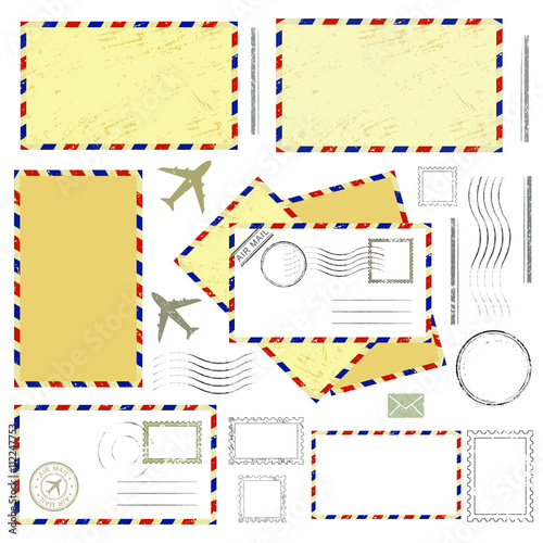 Air mail envelope, postal stamps and postmarks set, isolated on white background, vector illustration.