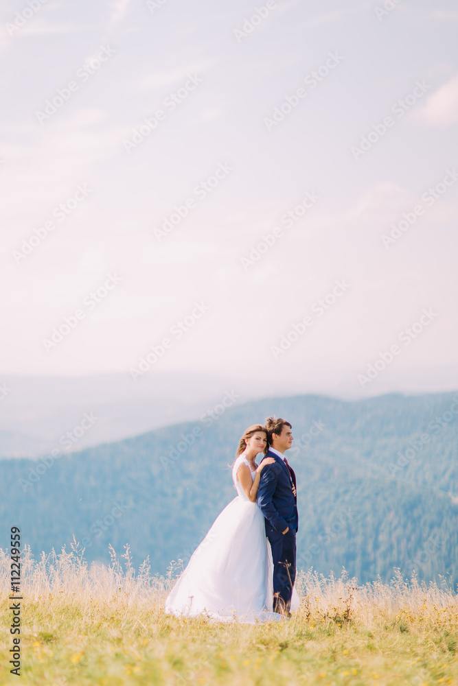 Young romantic wedding couple posing on sunny grass field with distant forest hills as background