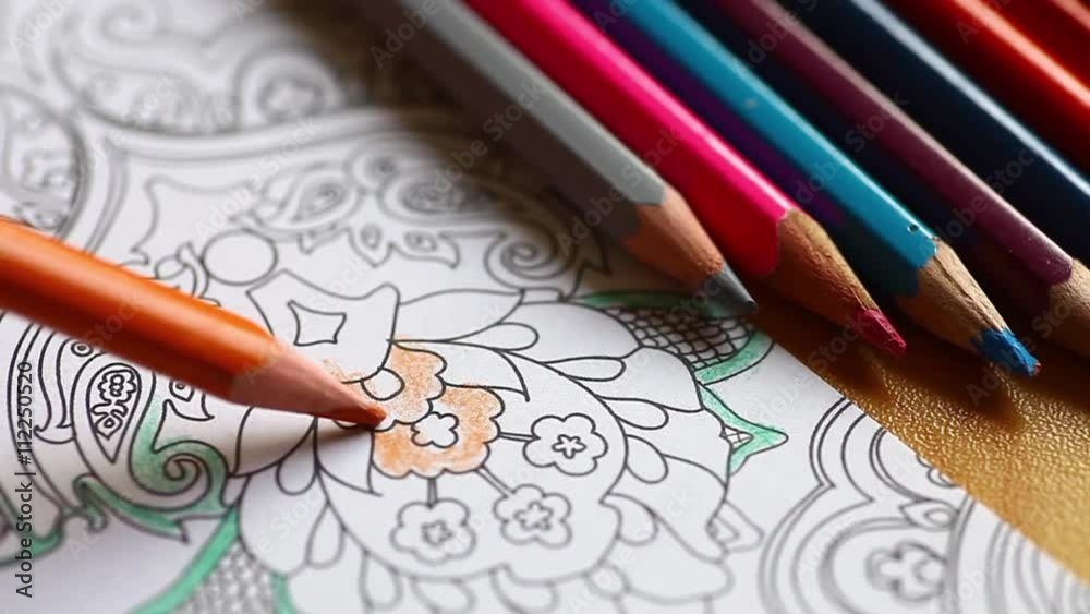 Color video of a hand holding a pencil and coloring an adult coloring book.