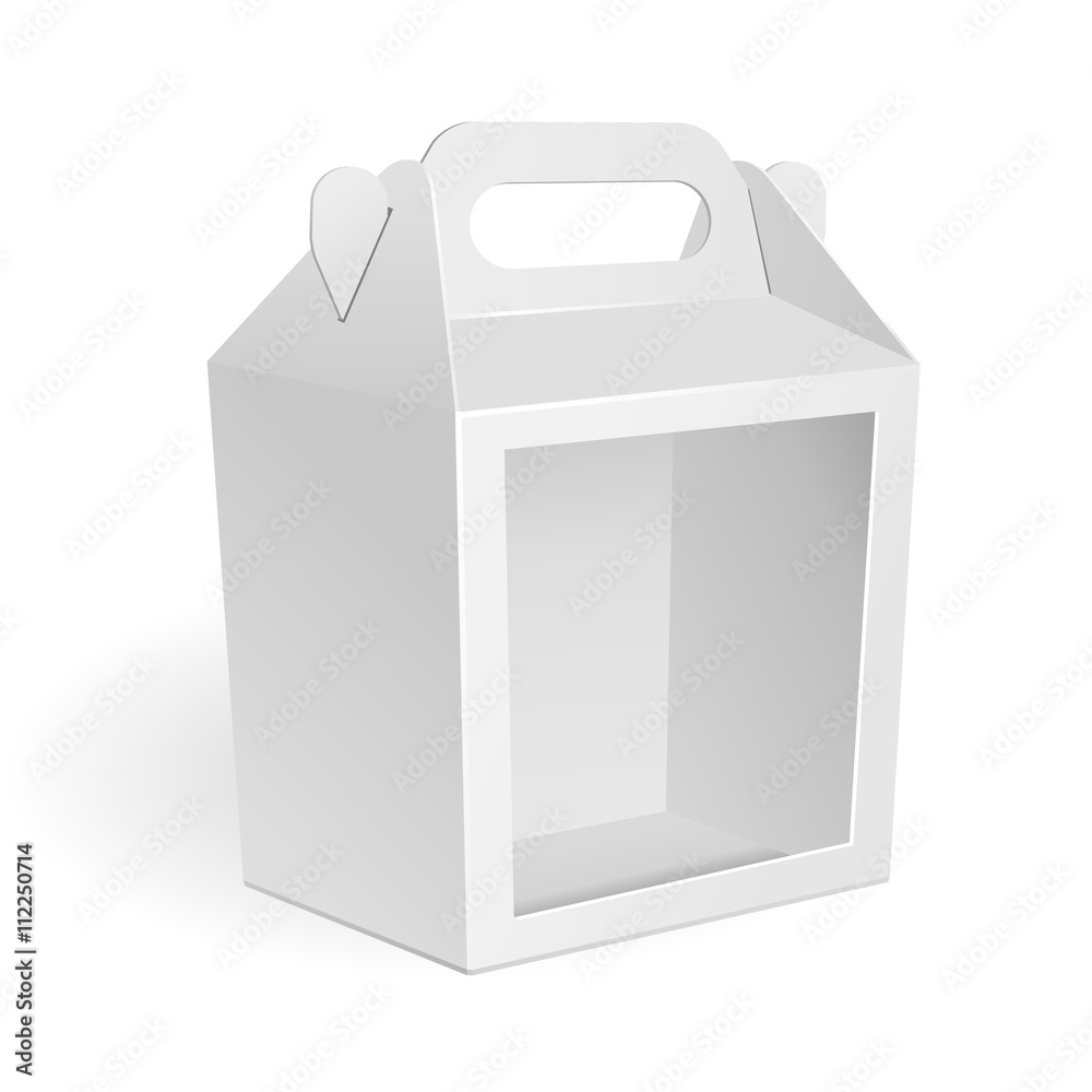 White Cardboard Carry Box Packaging Window For Food, Gift Or Other Products. On White Background Isolated. Mock Up, Mockup Template Ready For Your Design. Vector EPS10 White Cardboard Carry Box Packaging Window For Food, Gift Or Other Products. On White Background Isolated. Mock Up, Mockup Template Ready For Your Design. Vector EPS10