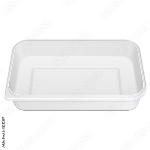 White Empty Blank Styrofoam Plastic Food Tray Container Box Opened, Cover. Illustration Isolated On White Background. Mock Up Template Ready For Your Design. Vector EPS10