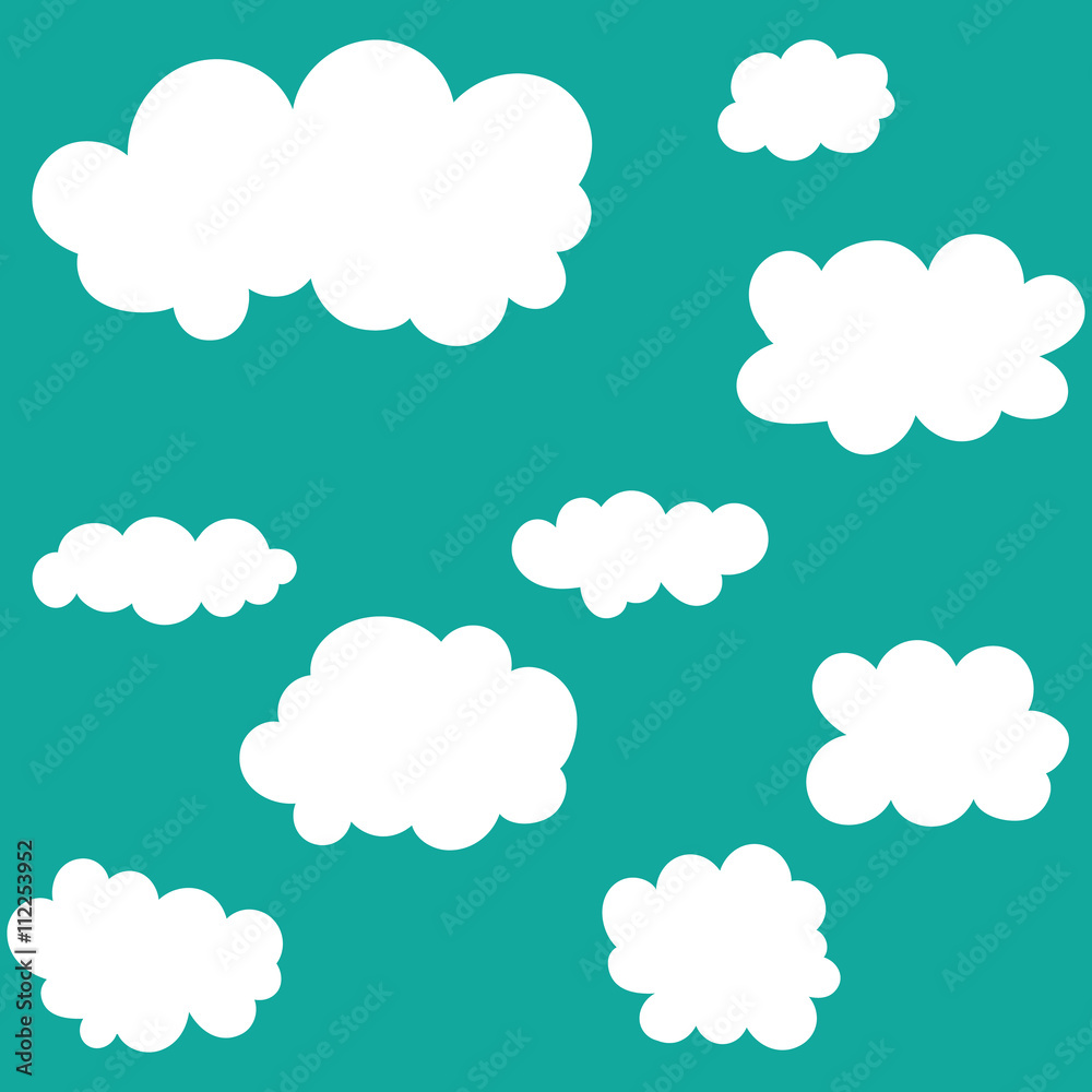 Clouds icon set on blue sky background. Funny shapes. Vector illustration.