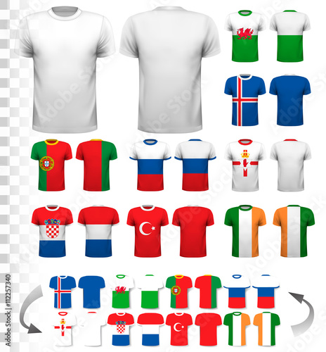 Collection of various soccer jerseys. The T-shirt is transparent