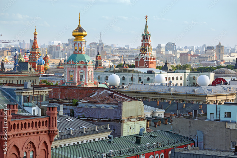 Aerial view of the historical downtown of Moscow from the viewing platform of the Central Children's Store on Lubyanka Square. Moscow, Russia.