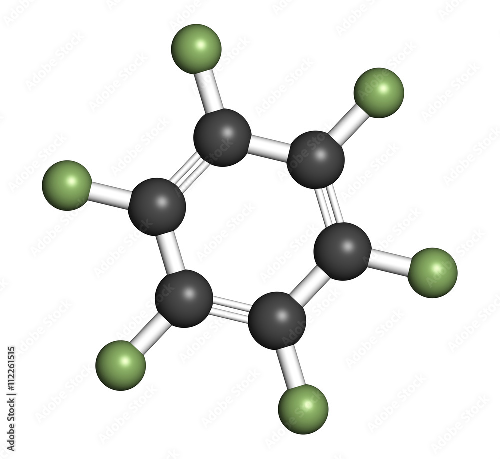 Hexafluorobenzene molecule. 3D rendering. Hexafluorobenzene molecule. 3D rendering.
