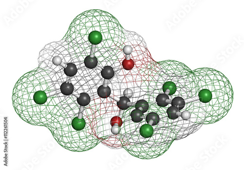 Hexachlorophene disinfectant molecule. 3D rendering.  photo