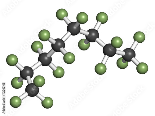 Perfluorooctane molecule. 3D rendering. 