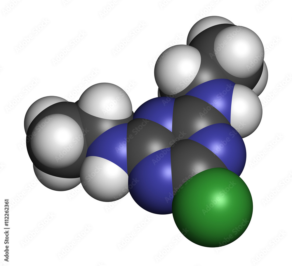 Simazine herbicide molecule. 3D rendering. 